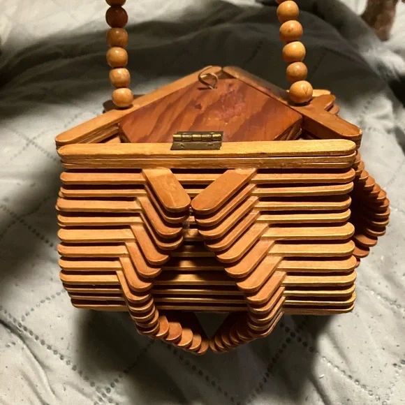 Vintage Hippy Folk Art Handmade Popsicle Stick Purse - Picture 2 of 11